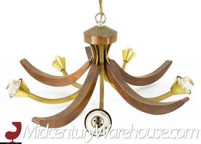 Max Sauze Max Sauze Lightolier Brass Walnut Mid Century Chandelier