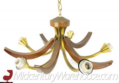 Max Sauze Max Sauze Lightolier Brass Walnut Mid Century Chandelier