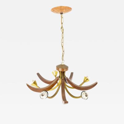 Max Sauze Max Sauze Lightolier Brass Walnut Mid Century Chandelier