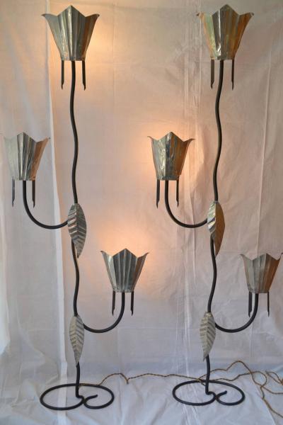 Mayan Revival Rare Pair of Art Deco Wrought Iron and Tin Floor Lamps circa 1928