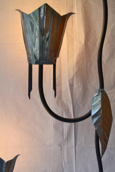 Mayan Revival Rare Pair of Art Deco Wrought Iron and Tin Floor Lamps circa 1928