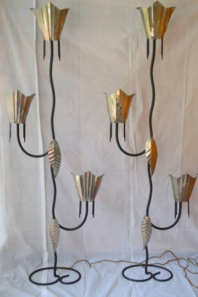 Mayan Revival Rare Pair of Art Deco Wrought Iron and Tin Floor Lamps circa 1928