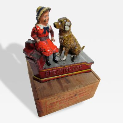 Mechanical Bank Speaking Dog ca 1885 with Original Wooden Box