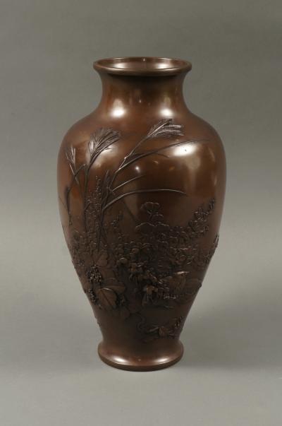 Meiji Period Japanese Bronze Vase with Grasses and Quail Design