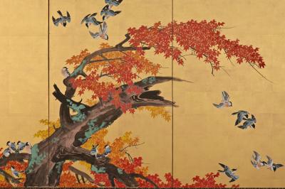 Meiji era Circa 1900 Japanese Screen Pair Flowers Birds of Spring Autumn 