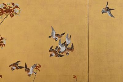 Meiji era Circa 1900 Japanese Screen Pair Flowers Birds of Spring Autumn 