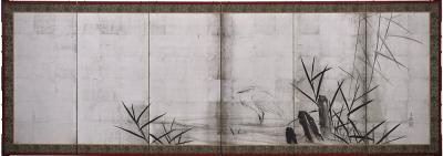 Meiji period Japanese Silver Screen Pair Herons Plovers Shijo School 