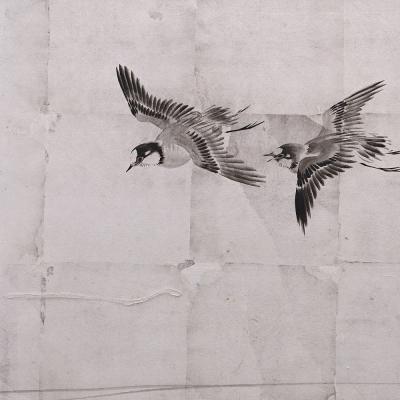 Meiji period Japanese Silver Screen Pair Herons Plovers Shijo School 