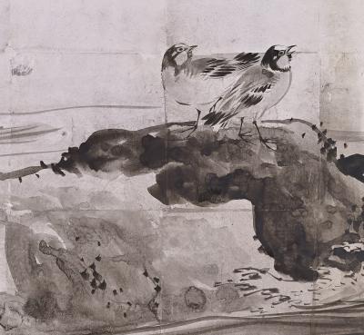 Meiji period Japanese Silver Screen Pair Herons Plovers Shijo School 