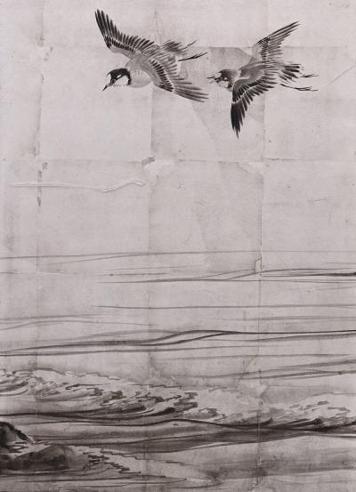 Meiji period Japanese Silver Screen Pair Herons Plovers Shijo School 