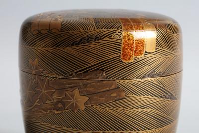 Mejiro Shunpan Tea Caddy with Maple Leaves and Flower Rafts 1970s