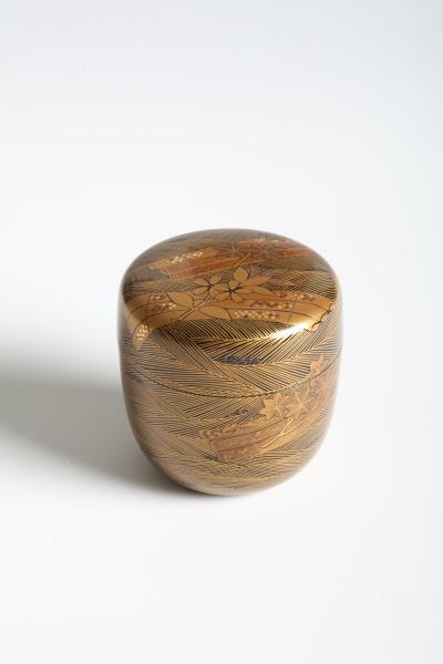 Mejiro Shunpan Tea Caddy with Maple Leaves and Flower Rafts 1970s