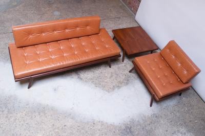 Mel Smilow Midcentury Walnut and Leather Lounge Chair and Ottoman by Mel Smilow