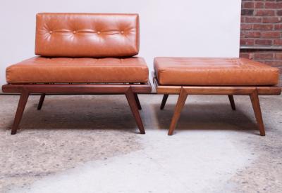 Mel Smilow Midcentury Walnut and Leather Lounge Chair and Ottoman by Mel Smilow
