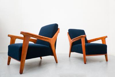 Melchiorre Bega Pair of Blue Armchairs attributed to Melchiorre Bega Cherry Wood Italy