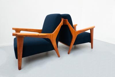 Melchiorre Bega Pair of Blue Armchairs attributed to Melchiorre Bega Cherry Wood Italy