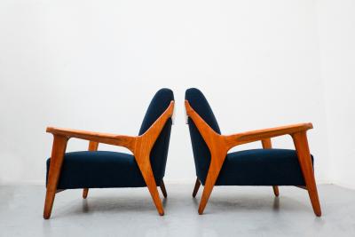 Melchiorre Bega Pair of Blue Armchairs attributed to Melchiorre Bega Cherry Wood Italy