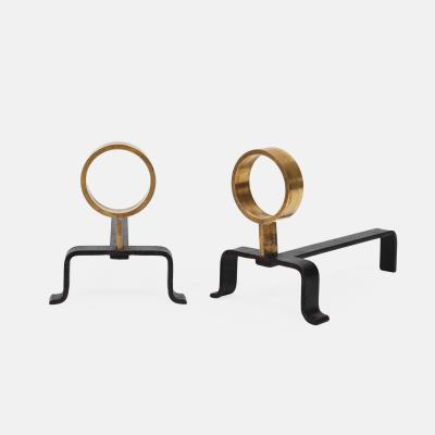 Melchiorre Bega Rare Pair of Wrought Iron and Brass Andirons