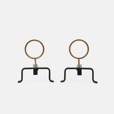 Melchiorre Bega Rare Pair of Wrought Iron and Brass Andirons