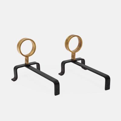 Melchiorre Bega Rare Pair of Wrought Iron and Brass Andirons