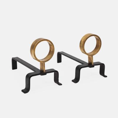 Melchiorre Bega Rare Pair of Wrought Iron and Brass Andirons