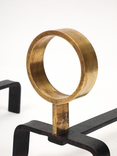 Melchiorre Bega Rare Pair of Wrought Iron and Brass Andirons