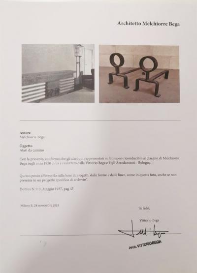 Melchiorre Bega Rare Pair of Wrought Iron and Brass Andirons