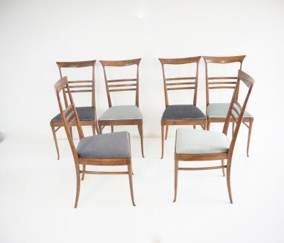 Melchiorre Bega fine set of 6 Melchiorre Bega walnut and velvet high back dining chairs 1950