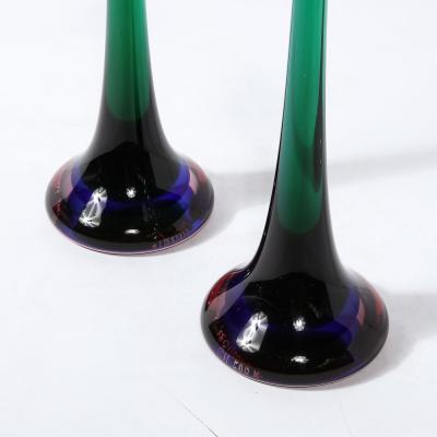Melded Emerald Amethyst and Ultramarine Murano Glass Candlestick Holders