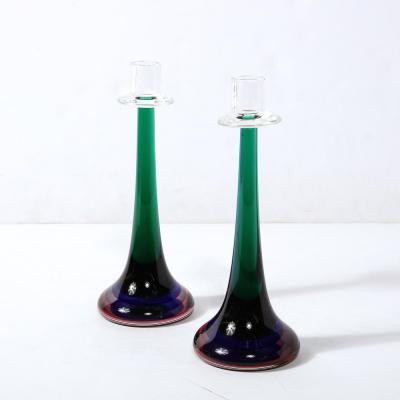 Melded Emerald Amethyst and Ultramarine Murano Glass Candlestick Holders