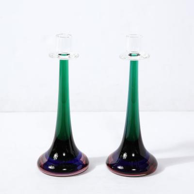 Melded Emerald Amethyst and Ultramarine Murano Glass Candlestick Holders
