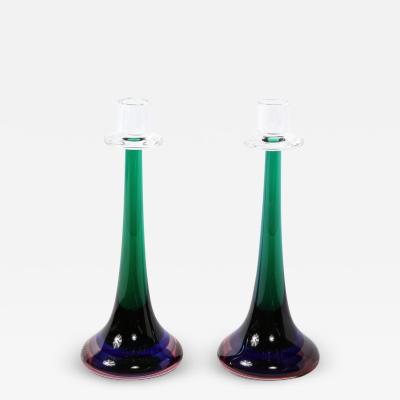 Melded Emerald Amethyst and Ultramarine Murano Glass Candlestick Holders