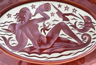 Mermaid with Dolphins Starfish Art Deco Platter by Mequinion