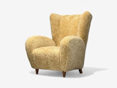 Meroni Fossati Beige Shearling Stained Wood Lounge Chairs Italy 1950s