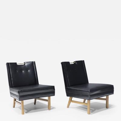 Merton Gershun Merton Gershun Slipper Chairs in Faux Black Leather with Brass Pulls