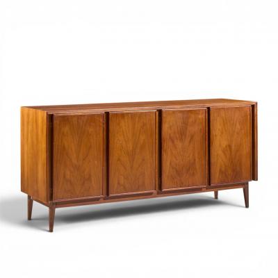 Merton Gershun Merton Gershun for American of Martinsville Walnut and Cane Credenza and Hutch