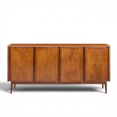 Merton Gershun Merton Gershun for American of Martinsville Walnut and Cane Credenza and Hutch