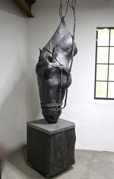 Metal Horse Head Sculpture by G F ssl Handforged On Charred Oak Base 2017