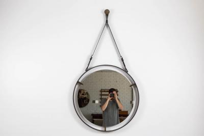 Metal and Leather Round Hanging Mirror