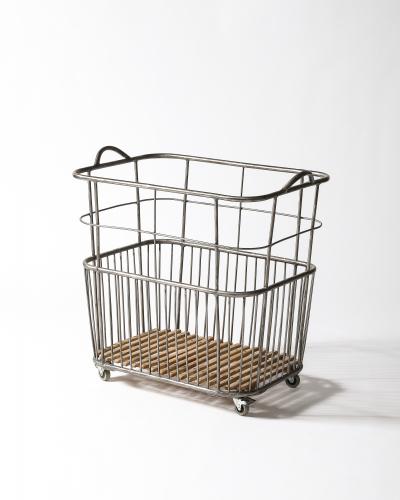 Metal and Wood Cart Rolling Basket France c 1950