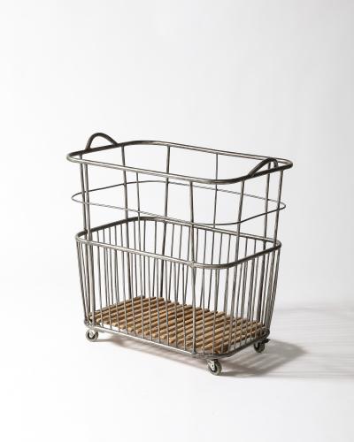 Metal and Wood Cart Rolling Basket France c 1950