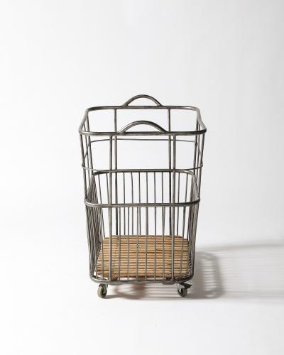 Metal and Wood Cart Rolling Basket France c 1950