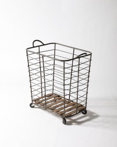 Metal and Wood Cart Rolling Basket France c 1950