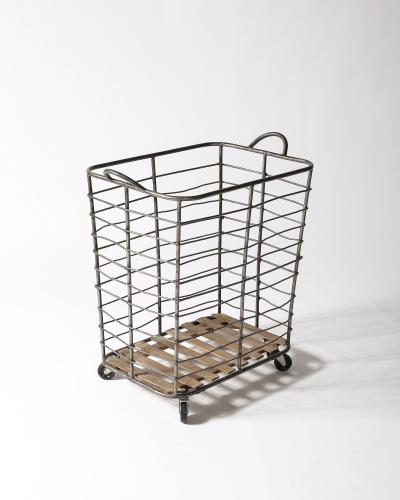 Metal and Wood Cart Rolling Basket France c 1950