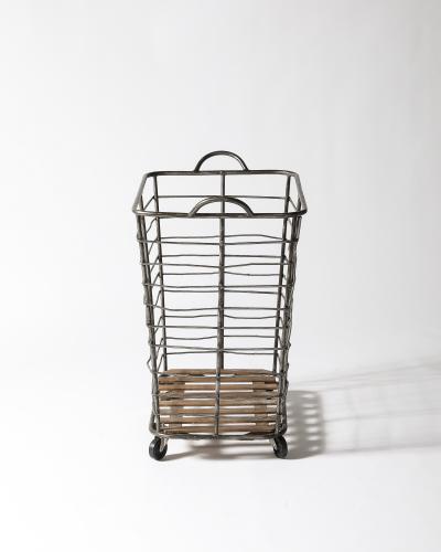 Metal and Wood Cart Rolling Basket France c 1950