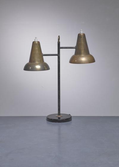 Metal and brass table lamp with two hoods France 1950s