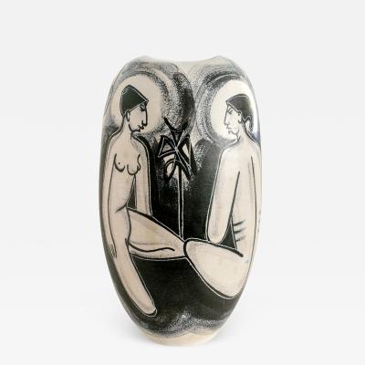 Mette Doller METTE DOLLER HAND DECORATED Scandinavian Modern VASE WITH SEATED WOMEN