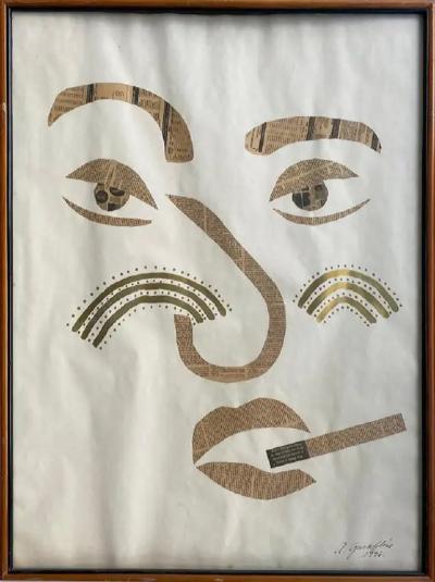 Mexican Newsprint Collage Artist Signed and Dated 1996 Titled Hombre de Letras 