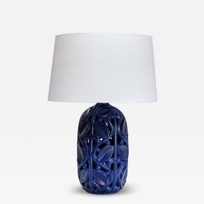 Michael Andersen Son Michael Andersen Blue Ceramic Table Lamp with Botanical Openwork Relief 1940s