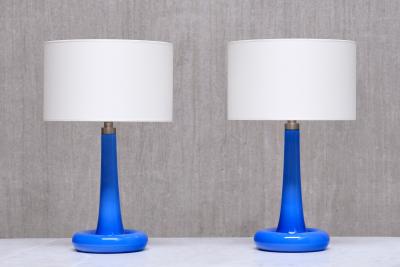 Michael Bang Pair of Michael Bang Blue Glass Table Lamps Holmegaard Denmark 1970s
